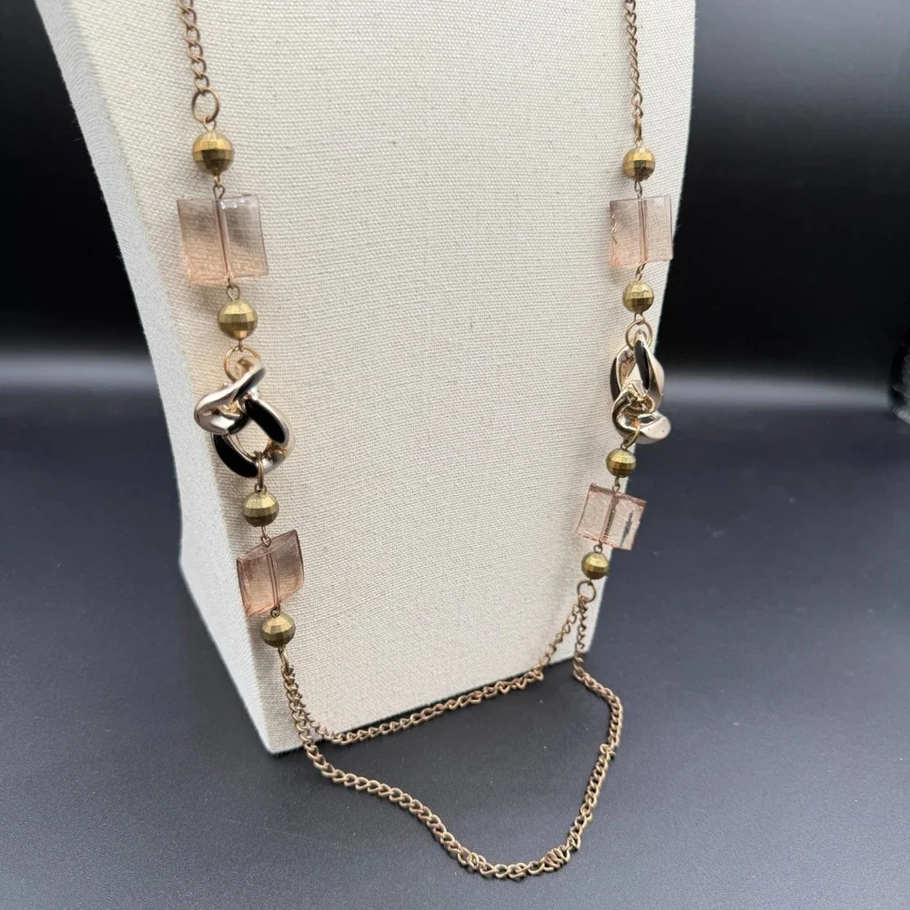 Gold Tone Long Chain Necklace Pink Lucite Beads Black Enamel Links Layered Boho